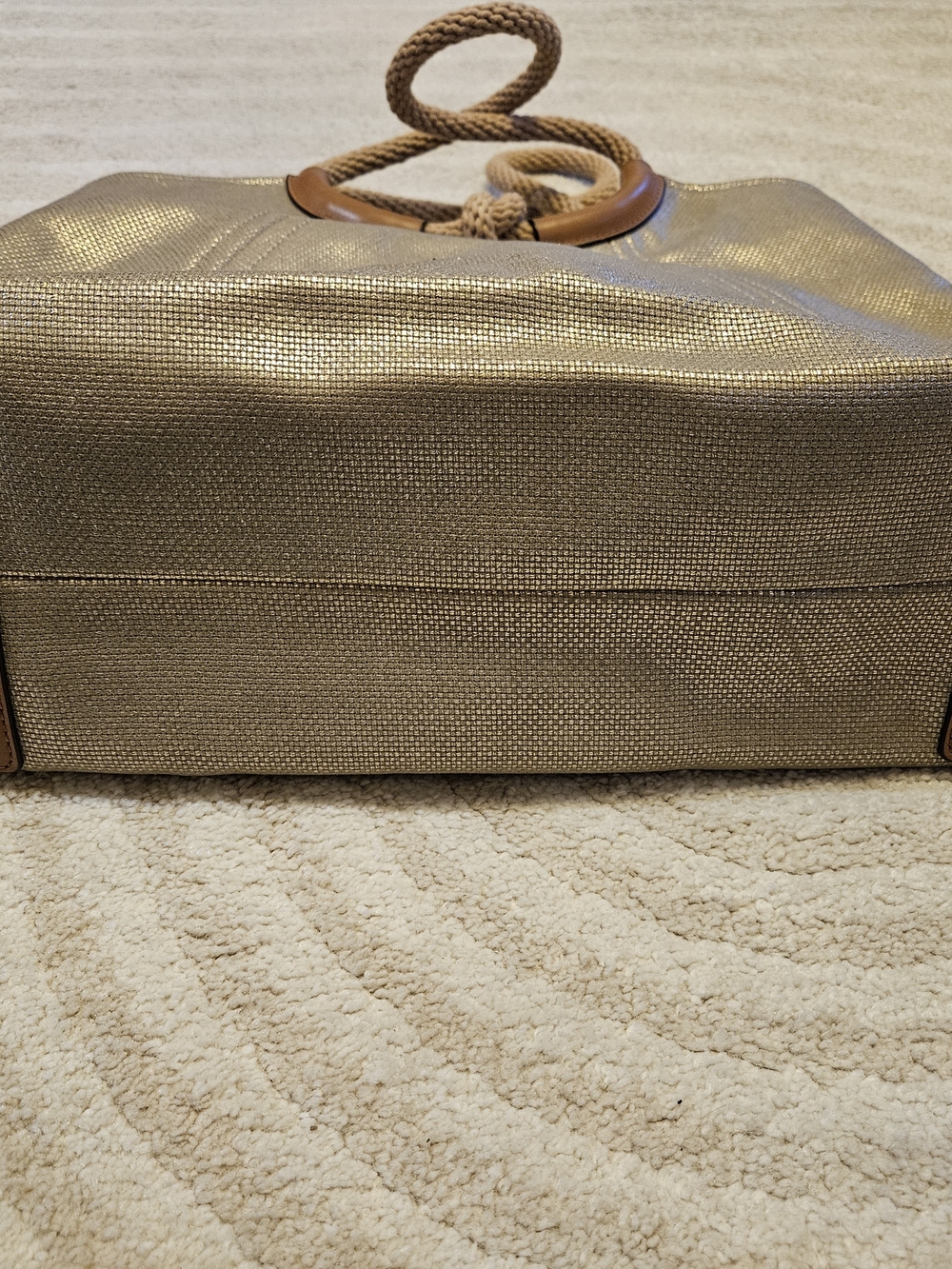 Michael Kors Gold Metallic Tote Rope Handle Leather Trim Large Bag - Picture 6 of 7